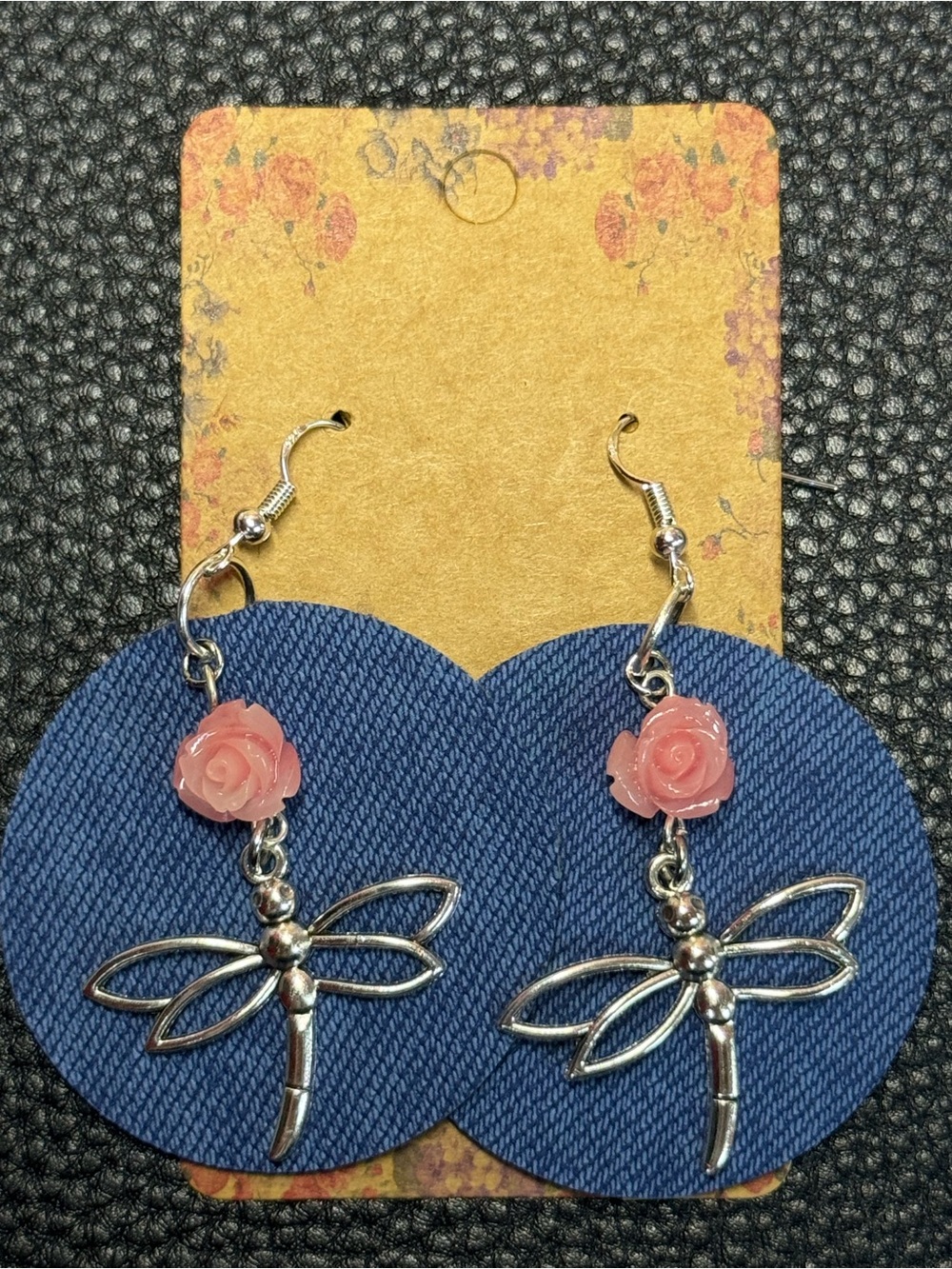 Faux Denim Earrings With Silver Tone Dragonfly Charms